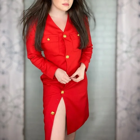 Vintage Evan Picone Red Button Up Blazer Dress Size 6 - Picture 4 of 16